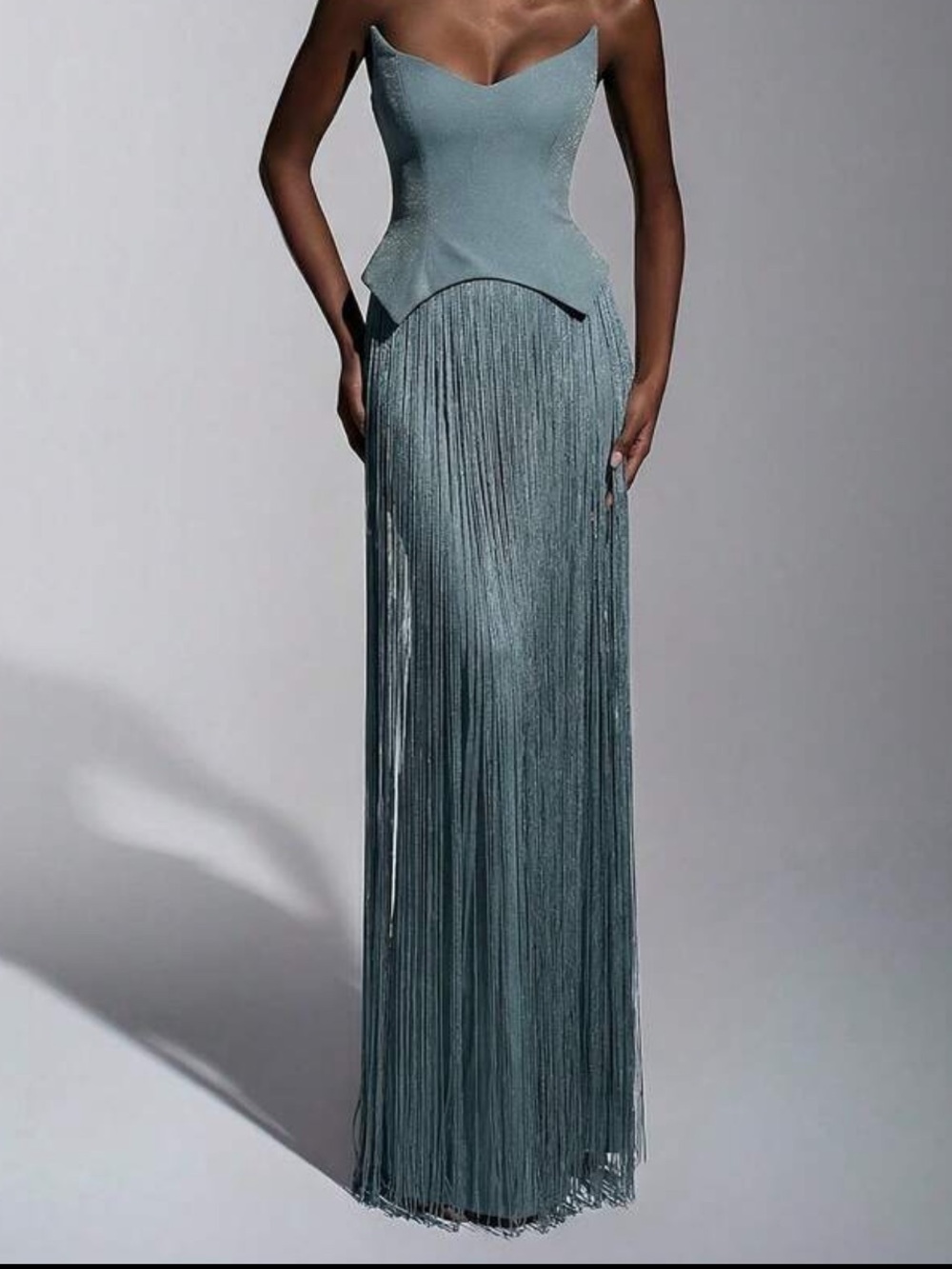 Dusty Blue Corset Fringe Dress